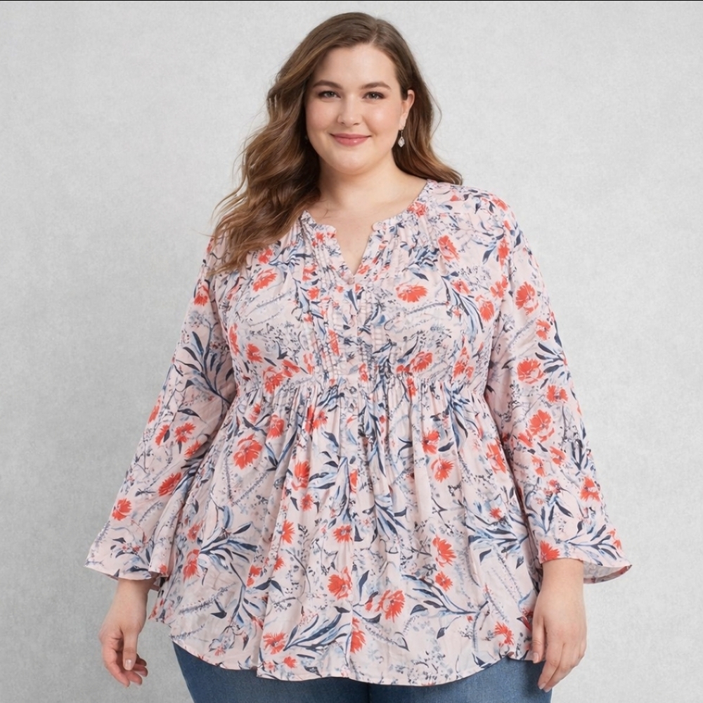 Roamans LS Roll Tabs Tunic Sz. 36W Floral Pleated Gathered Front Peasant Boho